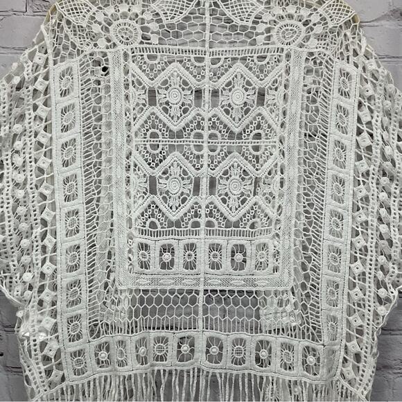 Tribal Jeans Crochet Cardigan Women's S/M White Open Front Boho Fringe Beachy - Picture 7 of 10